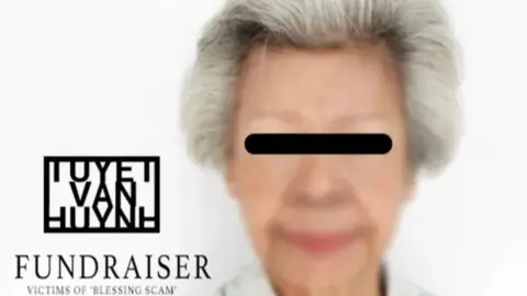 Tuyet van Huynh A campaign poster with the signage 'Tuyet van Huynh, fundraiser for victims of the blessing scam'. The image shows a blurry stock image of an elderly Asian female with her eyes covered with a black bar.