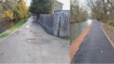 Sustrans A before and after of the path, one on the left shows a towpath with potholes and the one on the right one with a smooth surface