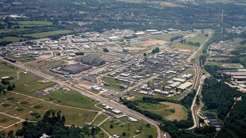 Aerial shot of the Atomic Weapons Establishment at Aldermaston Set in the Berkshire countryside - a factory style setting