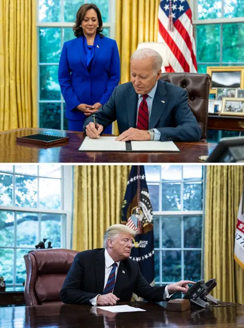 White House / Getty Images Composite image shows Vice-President Kamala Harris standing by while President Joe Biden signs an executive order in the Oval Office of the White House in 2023, and Donald Trump speaking on the telephone in the same room in 2018