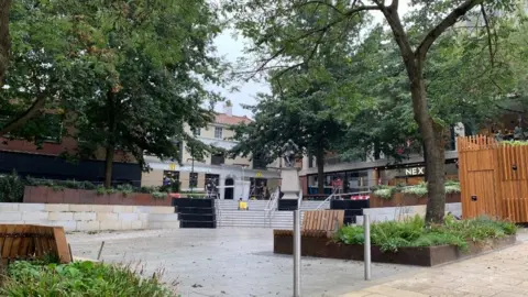 Hay Hill in Norwich. A pedestrianised square, bollards, trees and concrete seating is visible. McDonald's is in the background.