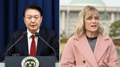 A composite image with Yoon Suk Yeol on the left and Jean Mackenzie standing outside South Korea's parliament on the right