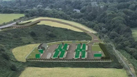 MANX UTILITIES A CGI image of eight dark green sheds in a large field with trees around them.