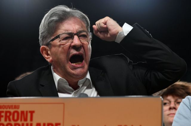 Jean Luc Melenchon (LFI) speaks during the New Popular Front Rally after the first round of the early parliamentary elections at Place de la Republique in Paris