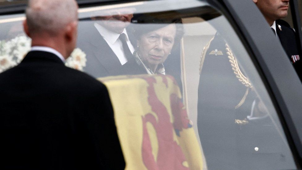 The Princess Royal, observing her late mother's coffin