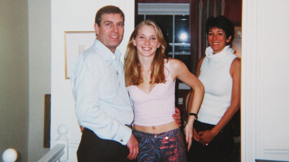Prince Andrew with Virginia Giuffre, and Ghislaine Maxwell standing behind, in early 2001