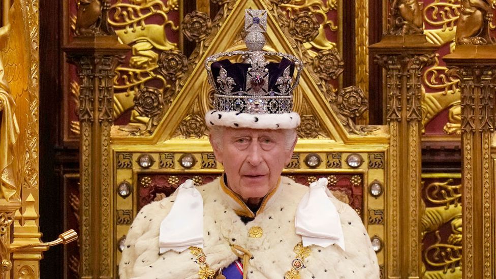 King Charles III pauses during the State Opening of Parliament at the Houses of Parliament on November 7, 2023 in London