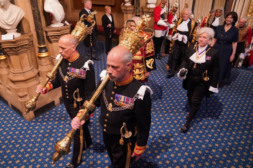 Black Rod Sarah Clarke (right) moves between the House of Lords and the House of Commons as part of the State Opening of Parliament on 17 July, 2024
