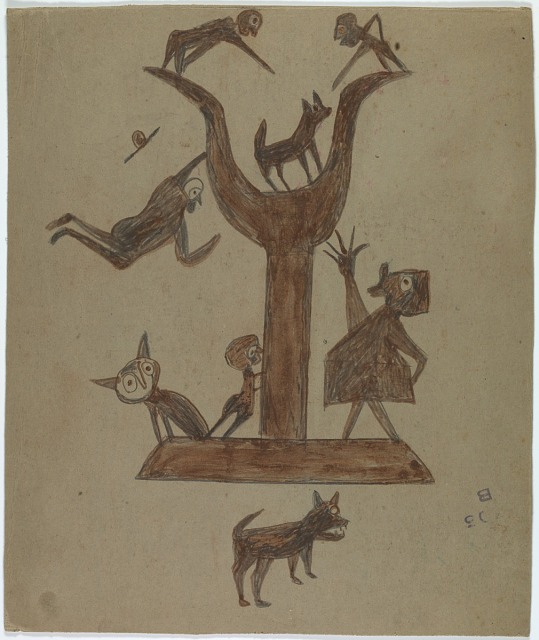 Bill Traylor, Untitled (Construction with Yawping Woman), ca. 1939-1942, opaque watercolor and pencil on paperboard, Smithsonian American Art Museum, Museum purchase through the Luisita L. and Franz H. Denghausen Endowment, 2016.14.1, © 1994, Bill Traylor Family Trust