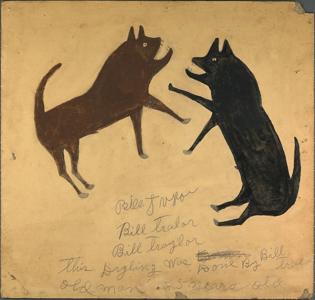 Bill Traylor, Untitled (Dog Fight with Writing), ca. 1939-1940, opaque watercolor and pencil on paperboard, Smithsonian American Art Museum, Museum purchase through the Luisita L. and Franz H. Denghausen Endowment, 2016.14.2, © 1994, Bill Traylor Family Trust