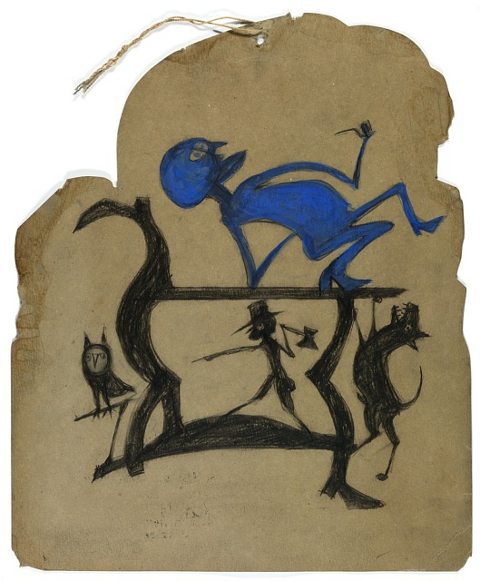 Bill Traylor, Untitled (Legs Construction with Blue Man), ca. 1940-1942, opaque watercolor, pencil, and charcoal on paperboard, Smithsonian American Art Museum, Museum purchase through the Luisita L. and Franz H. Denghausen Endowment, 2016.14.3, © 1994, Bill Traylor Family Trust