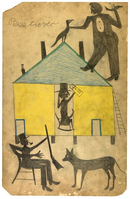 Bill Traylor, Untitled (Yellow and Blue House with Figures and Dog), 1939, colored pencil on paperboard, Smithsonian American Art Museum, Museum purchase through the Luisita L. and Franz H. Denghausen Endowment, 2016.14.5, © 1994, Bill Traylor Family Trust