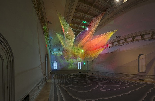 Janet Echelman, 1.8 Renwick, 2015, knotted and braided fiber with programmable lighting and wind movement above printed textile flooring, Smithsonian American Art Museum, Museum purchase made possible by the American Art Forum, 2017.7, © 2015, Janet Echelman