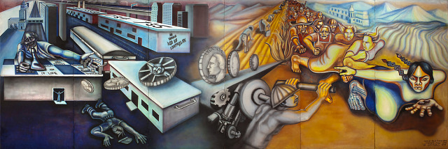 Judith F. Baca, Uprising of the Mujeres, 1979, acrylic on six wooden panels, Smithsonian American Art Museum, Museum purchase through the Latino Initiatives Pool, administered by the Smithsonian Latino Center, and the Luisita L. and Franz H Denghausen Endowment, 2019.26A-F