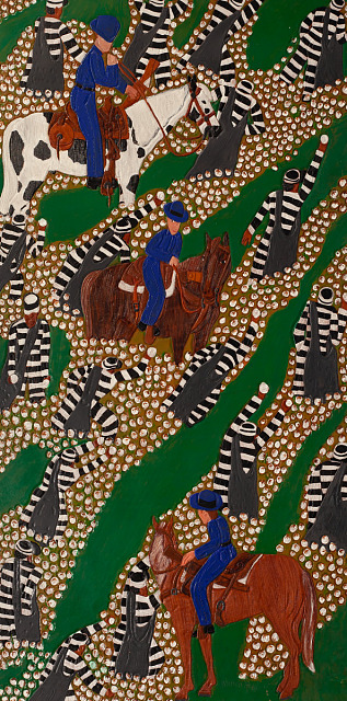 Winfred Rembert, Picking Cotton with Boss Men, 2007, dye on carved and tooled leather, Smithsonian American Art Museum, Museum purchase through the Luisita L. and Franz H. Denghausen Endowment, 2022.35, © Estate of Winfred Rembert/Artists Rights Society (ARS), New York