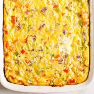 Healthy breakfast casserole in baking dish.