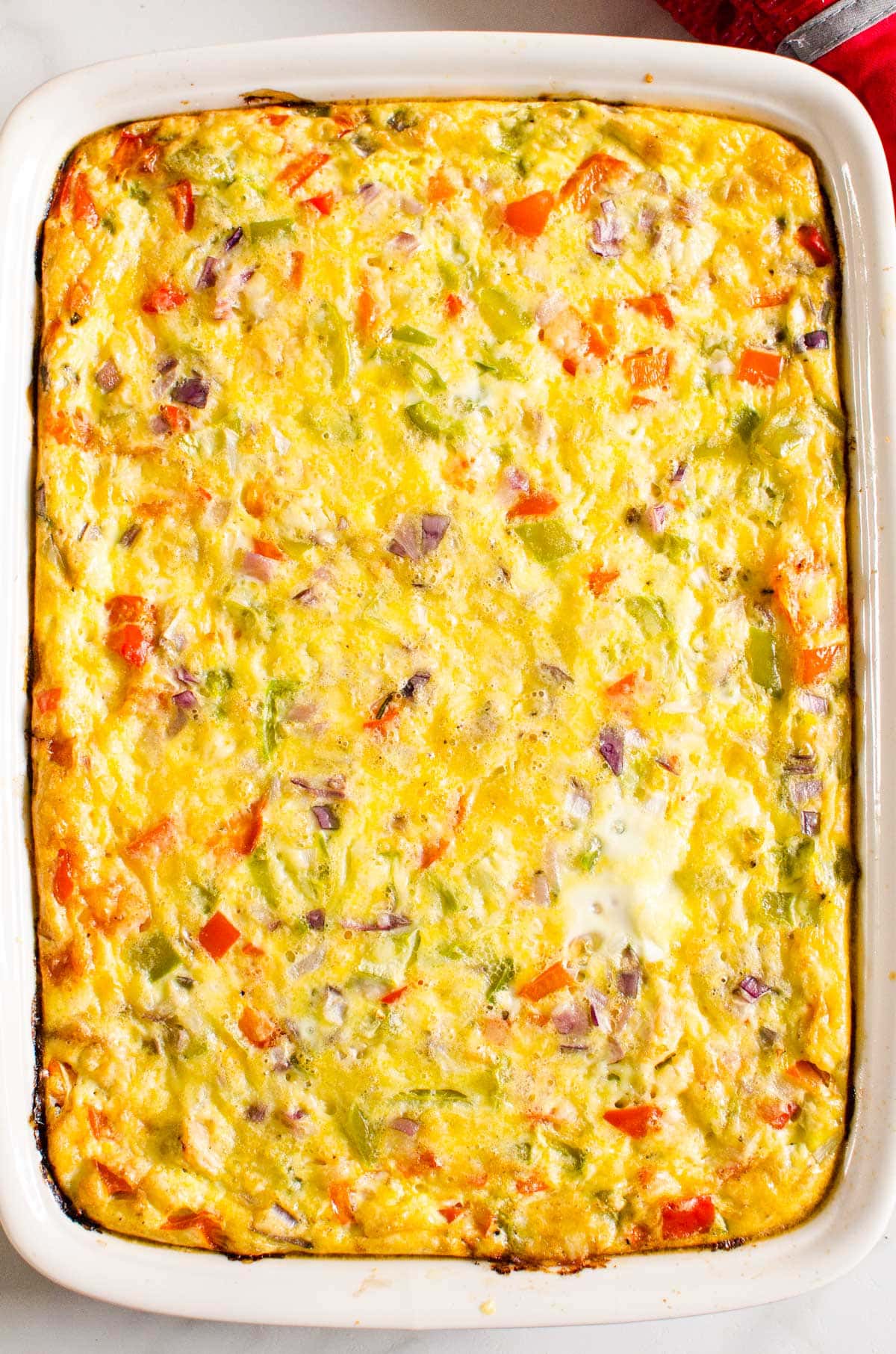 Healthy breakfast casserole in a baking dish.