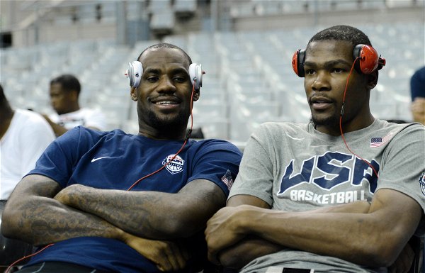 BASKETBALL: USA Team Training July 23, 2012; Barcelona, SPAIN; USA players LeBron James (left) and Kevin Durant (right)