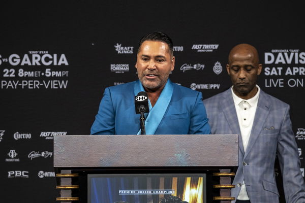 April 20, 2023, Las Vegas, Nevada, USA: Boxing legend and promoter Oscar De La Hoya address the media at the final press