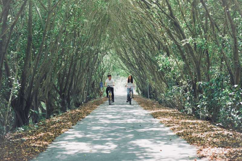 隘寮溪鹽埔段堤防自行車道有一段綠色隧道，二側夾道濃密的綠蔭有如日本卡通「龍貓」裡的秘境。（屏東縣政府提供）