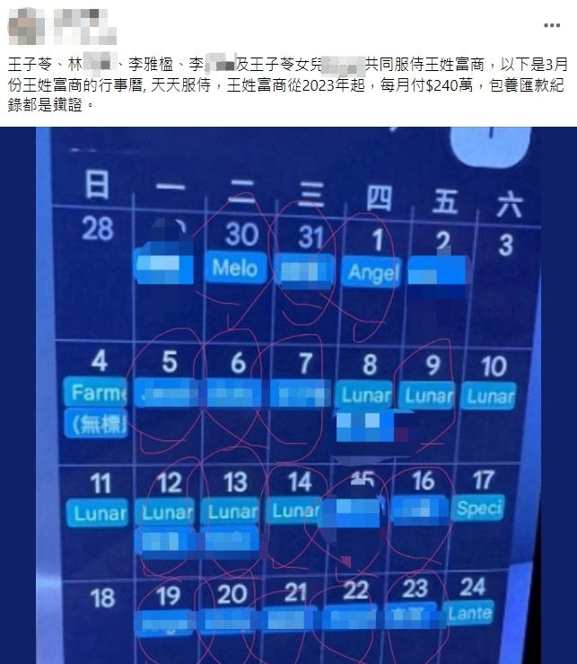 李珍妮公開王姓富商3月的行事曆，反控王子苓、李雅楹和男方關係親密。（圖／翻攝自FB）