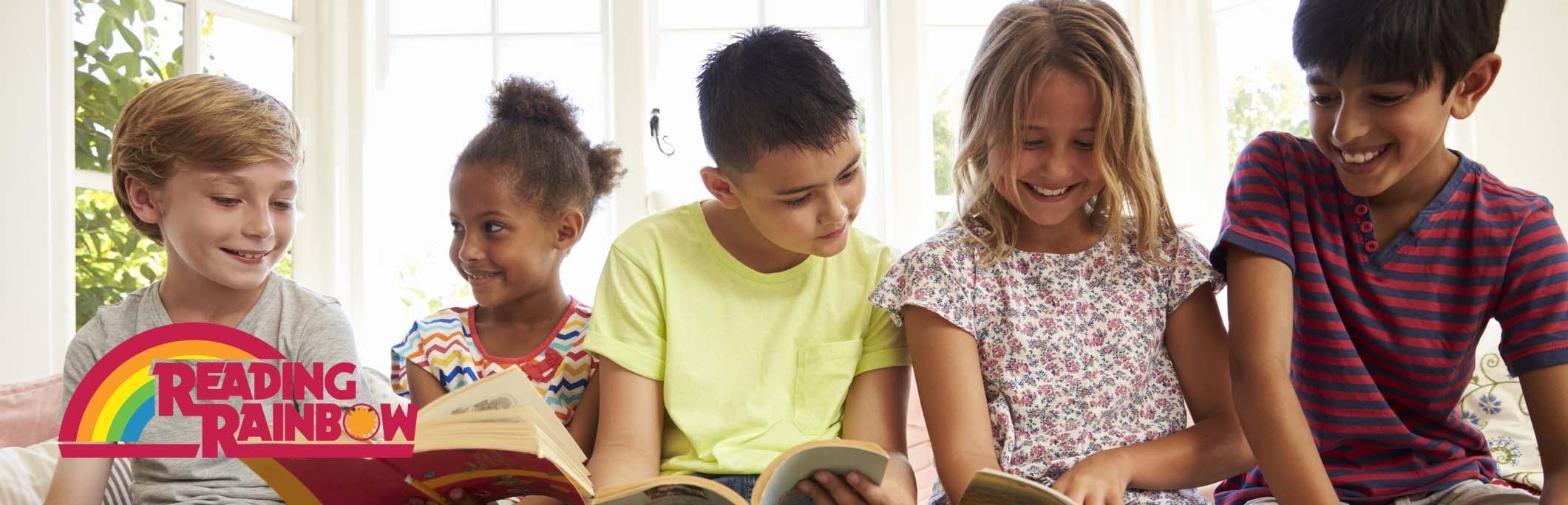 children reading books with Reading Rainbow logo