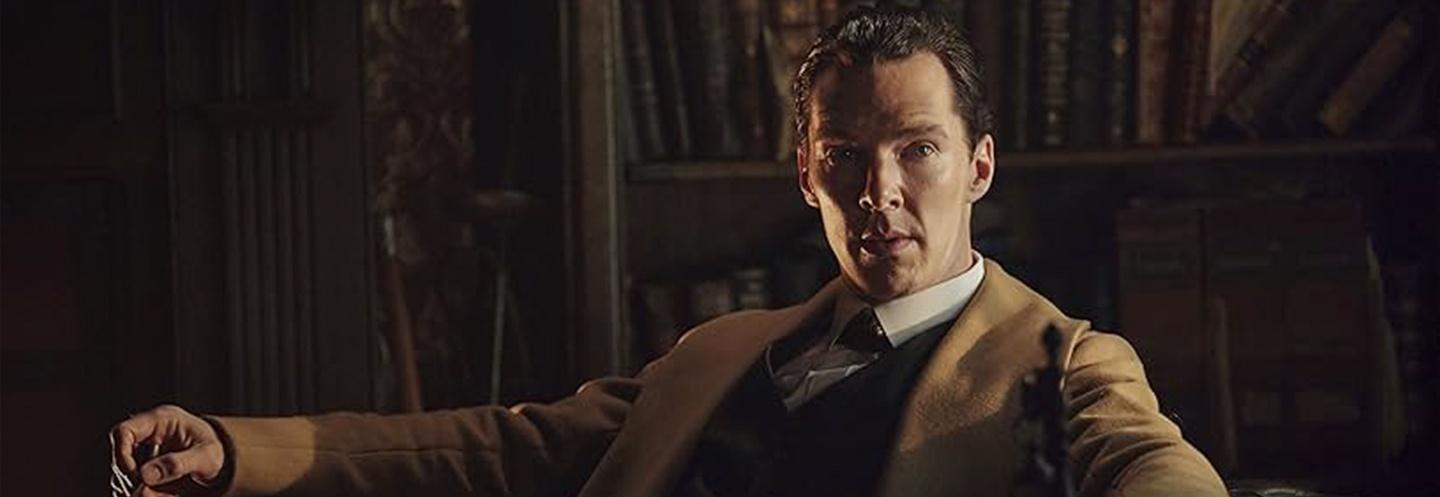 "Sherlock" sitting in a chair in a library, looking at the camera