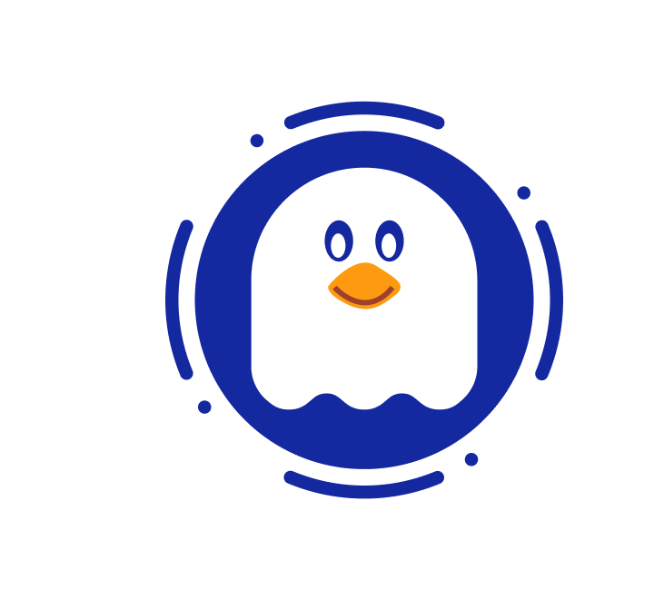 A playful logo featuring a white ghost with an orange beak and smiling face, enclosed within a blue circular design