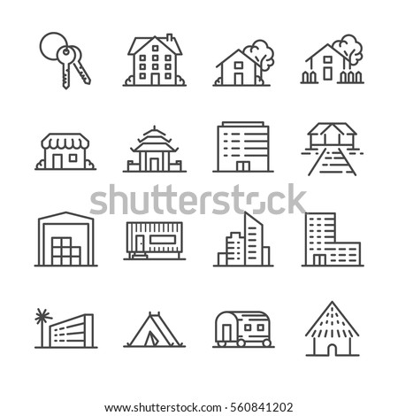 Property and accommodation icon set. Included the icons as home, house, palace, resort, apartment, tower and more.