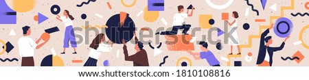 Concept of co working, business partnership, analytics or teamwork. Colleagues work together. Flat vector textured illustration of horizontal background with abstract people and geometrical shapes