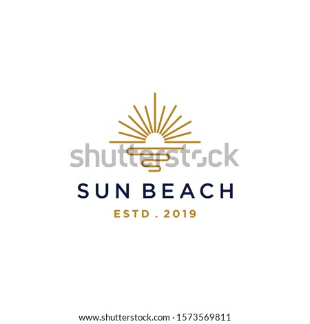 elegant hipster gold sun sunset sunrise with beach ocean sea water logo icon vector in trendy line linear,  outline logo vector for hotel 