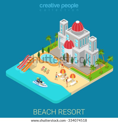 Flat 3d isometric creative beach hotel web infographics travel vacation concept. Luxury class five star resort island water slide bike jetski. Creative people collection.