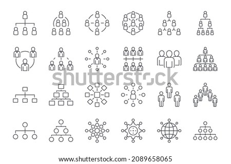 Organization chart hierarchy vector icons. Editable stroke. Organization company head of departments. Enterprise management subordinate structure. Businessman manager employee