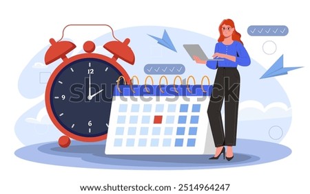 Time management woman. Young girl near huge clock and calendar. Organizing efficient work process. Appointment planning and schedulng. Flat vector illustration isolated on white background