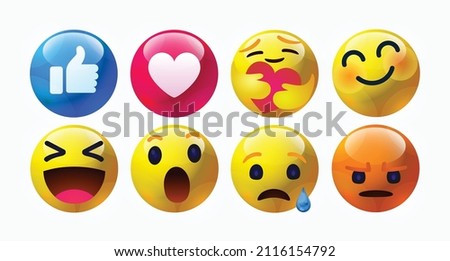 Emoticons comment social media Facebook chat high quality vector 3d round yellow cartoon bubble comment reactions icon template face tear smile sad hug love like Lol laughter emoji character message