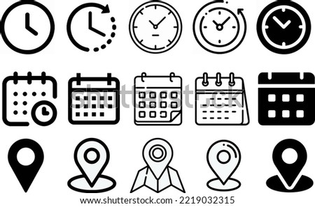 Time, date, and location icons in different shapes
