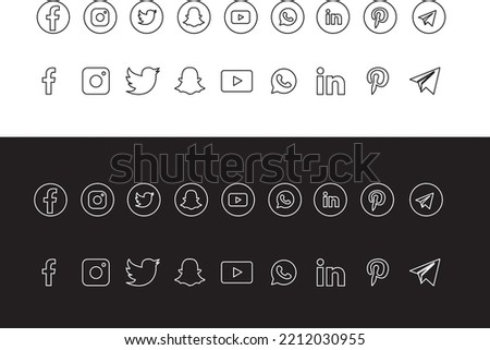 Collection of popular social media logo, popular social media icons printed on paper : Facebook, Instagram, Snapchat, LinkedIn, Twitter, Youtube, Pinterest, WhatsApp