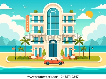 Hotel Vector Illustration of interior and exterior with building on green grass, beach and promenade street and palm trees in Flat Cartoon Background