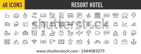 Resort Hotel web icons in line style. Wellness, beach, tourism, hotel, passport, maps, spa, landscape, camera. Icon collection. Vector illustration.