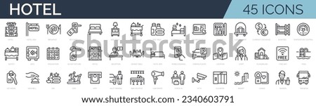 Set of 45 outline icons related to hotel, motel, hostel. Linear icon collection. Editable stroke. Vector illustration