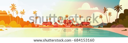 Sea Shore Beach With Villa Hotel Beautiful Sunset Seaside Landscape Summer Vacation Concept Flat Vector Illustration