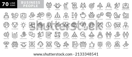 Vector set of linear icons related to business process, team work and human resource management. Mono line pictograms and infographics design elements