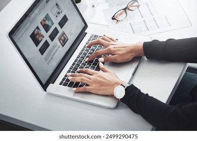 Hands, computer and typing at desk for remote work, research and magazine editing. Woman, journalist and laptop screen in home office for article, news update and language translation for information