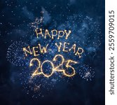 Happy New Year 2025. Beautiful New year congratulations. Square creative holiday web banner or Greeting card with firework and sparkling text Happy New Year 2025 on night blue sky background