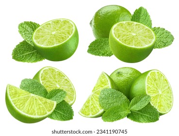 Set of delicious limes with mint leaves, isolated on white background