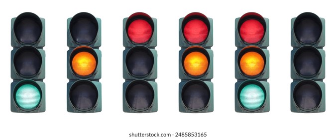 Set of traffic lights with different color combinations isolated in white background.