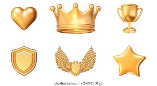 3D goldenes Set von Herz, Krone, Trophäenschale, Schild, Flügel, Stern. Vektorillustration des Bestands auf isoliertem Hintergrund.