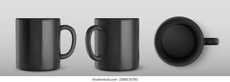 3d mockup of black mug for tea or coffee. Template of blank ceramic or porcelain cup. Empty black mug in front, side and top view, vector realistic set isolated on transparent background