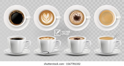 3d realistic vector isolated white cups of coffee with spoon, top and side view, cappuccino, americano, espresso, mocha, latte, cocoa