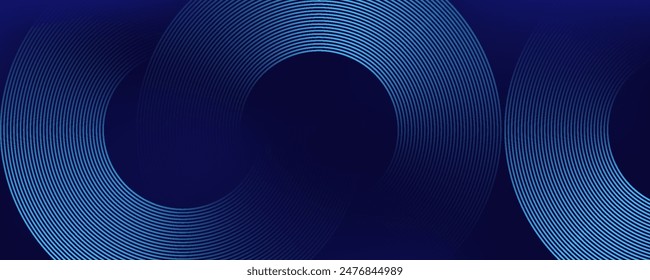 Abstrakte blau leuchtende geometrische Linien auf dunkelblauem Hintergrund. Moderne glänzend blaue Kreis Linien Muster. Futuristisches Technologiekonzept. Anzug für Cover, Poster, Banner, Broschüre, Header, Website